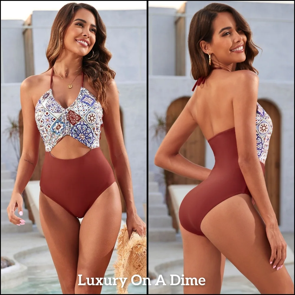 Retro Cutout Waist Halter V-neck Bathing Suit One-Piece Colorblock Swimwear Rust